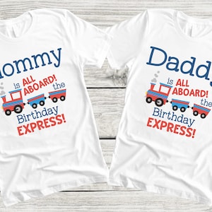 Train Themed Family T-Shirts for his Birthday Party - all aboard the birthday express, choo choo im two, blue red train, of the birthday boy