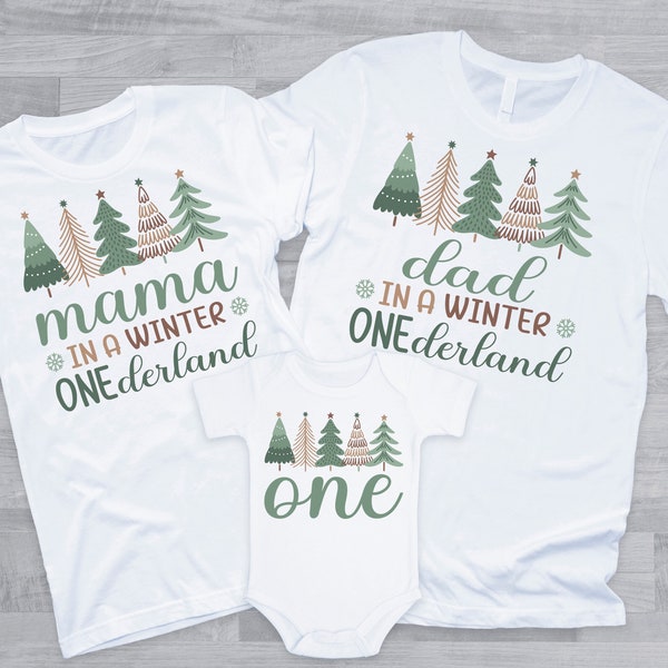 Green Winter ONEderland Birthday Family Shirts - snowflake 1st bday boy, mama dad grandma sister, snow much fun, pine trees, gender neutral