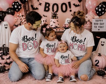 Little Boo is TWO or ONE Birthday Shirts - family of the birthday girl, pastel halloween birthday, two spooky, spooky one, pink ghost cute