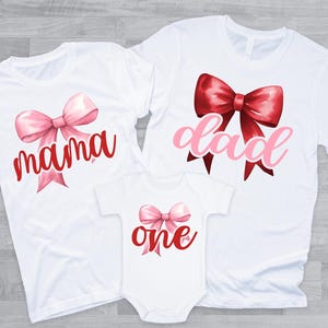 Valentines Day Coquette Bow Birthday or Baby Shower Family Shirts - red pink hearts, mom dad grandma sister, little sweetheart, feb birthday