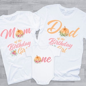 Pink Pumpkin Birthday Family Shirts - pink and orange pumpkin 1st birthday girl, mom dad nana papa brother aunt, our little pumpkin is one