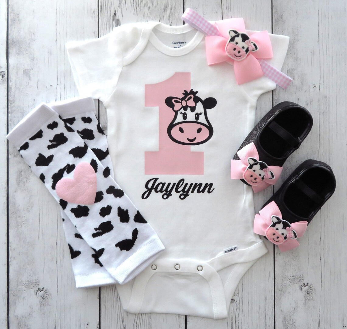 Cow 1 Birthday Onesie in Light Pink for Baby Girl Barnyard Etsy