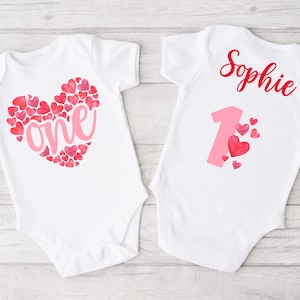 Valentine Hearts Birthday Bodysuit or Shirt - pink red hearts first birthday, one year old outfit, february birthday, our little sweetheart