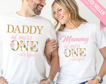 Miss ONEderful 1st Birthday Family Shirts – Pink Gold Floral Tee Shirts for Mom, Dad, Sister, Nana etc, little miss one derful, one year old
