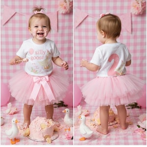 May include: A child wearing a white t-shirt with the text "silly goose" and a pink tutu skirt. The child is surrounded by a pink cake, toy geese, and pink balloons. The background is a pink gingham pattern.