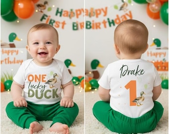 Camiseta de cumpleaños para niño con un pato de la suerte: atuendo para el primer cumpleaños, verde y naranja, caza del pato real, niño de un año, camiseta para el primer cumpleaños del niño