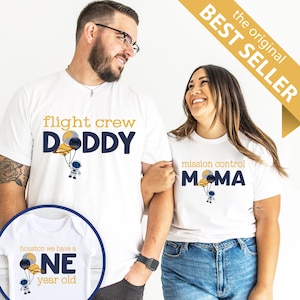 Navy and Gold Outer Space Birthday Shirts for Family - two the moon, 1st trip around sun, houston we have, astronaut
