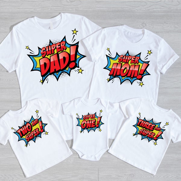 Super Hero Birthday Family Shirts - super mom, super dad, comic book pow, dad of the birthday boy, super birthday boy, blue red yellow
