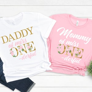 Miss ONE-derful Birthday Family Shirts on pink- floral 1st bday girl, mom dad grandma brother sister aunt, miss onederful floral, pink gold