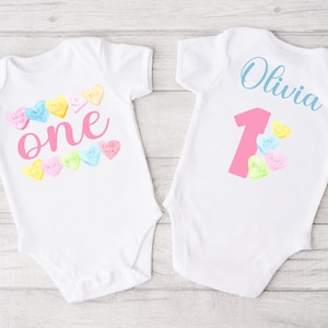 Conversation Hearts Birthday Bodysuit -candy hearts first birthday, valentine, one year old outfit, february birthday, our little sweetheart