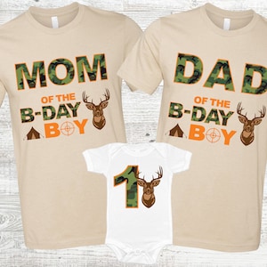 Hunting Camo Birthday Family Shirts - little buck, camoflauge, mom dad nana, 1st birthday boy, colored shirts, hunter birthday boy