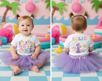 Camiseta de cumpleaños para niña con temática de fiesta en la piscina: chapoteo, chapoteo, body para primer cumpleaños, cumpleaños de verano, un año, fiesta en la piscina