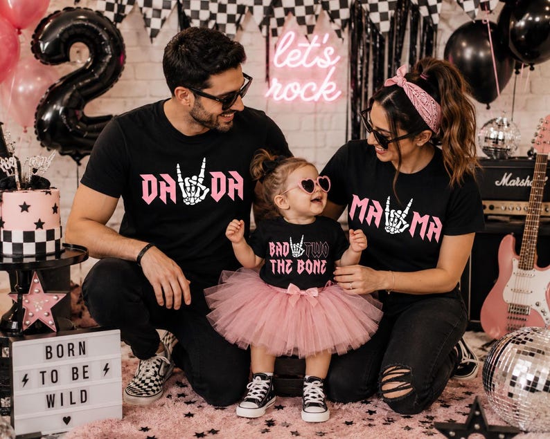 Bad TWO the Bone Birthday Family Shirts - 2nd birthday girl, rock n roll birthday theme, rock on skeleton hand, two year old, born two rock image 1
