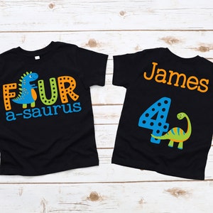 Dinosaur Fourth Birthday Boy Shirt - four a saurus rex, four year old, dino birthday boy shirt, blue green orange, personalized,name on back