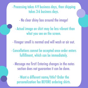 May include: Text on a purple background with white text outlining the processing and shipping times for an order. The text also includes information about the image quality, the smell of the product, cancellations, and personalization options.