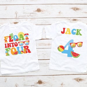 Float into FOUR Birthday Boy Shirt - tropical splish splash, pool party 4th birthday boy shirt, summer birthday, three year old