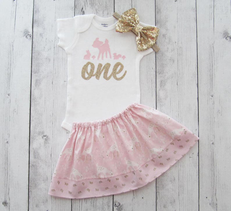 OneDEERful birthday theme woodland birthday girl Little Deer First Birthday Outfit in pink and gold our little dear is turning one