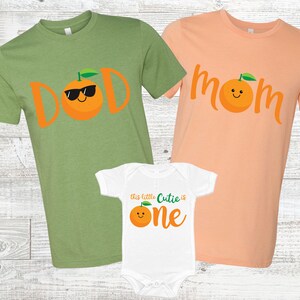 Cuties Family T-Shirts for her 1st Birthday Party on colored shirts - clementine oranges, cuties 1st birthday girl, mom dad grandma sister