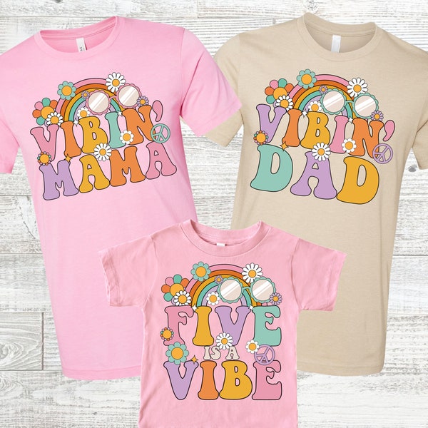 Retro Five is a Vibe Family Shirts - vibin' mama dad, 5th birthday shirt, retro bday theme, groovy five family shirts, five year old, boho