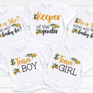 Little Cutie Baby Shower Shirts - keeper of the gender, he or she what will baby be?, team boy, team girl, little cutie on the way, oranges