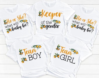 Little Cutie Baby Shower Shirts - keeper of the gender, he or she what will baby be?, team boy, team girl, little cutie on the way, oranges