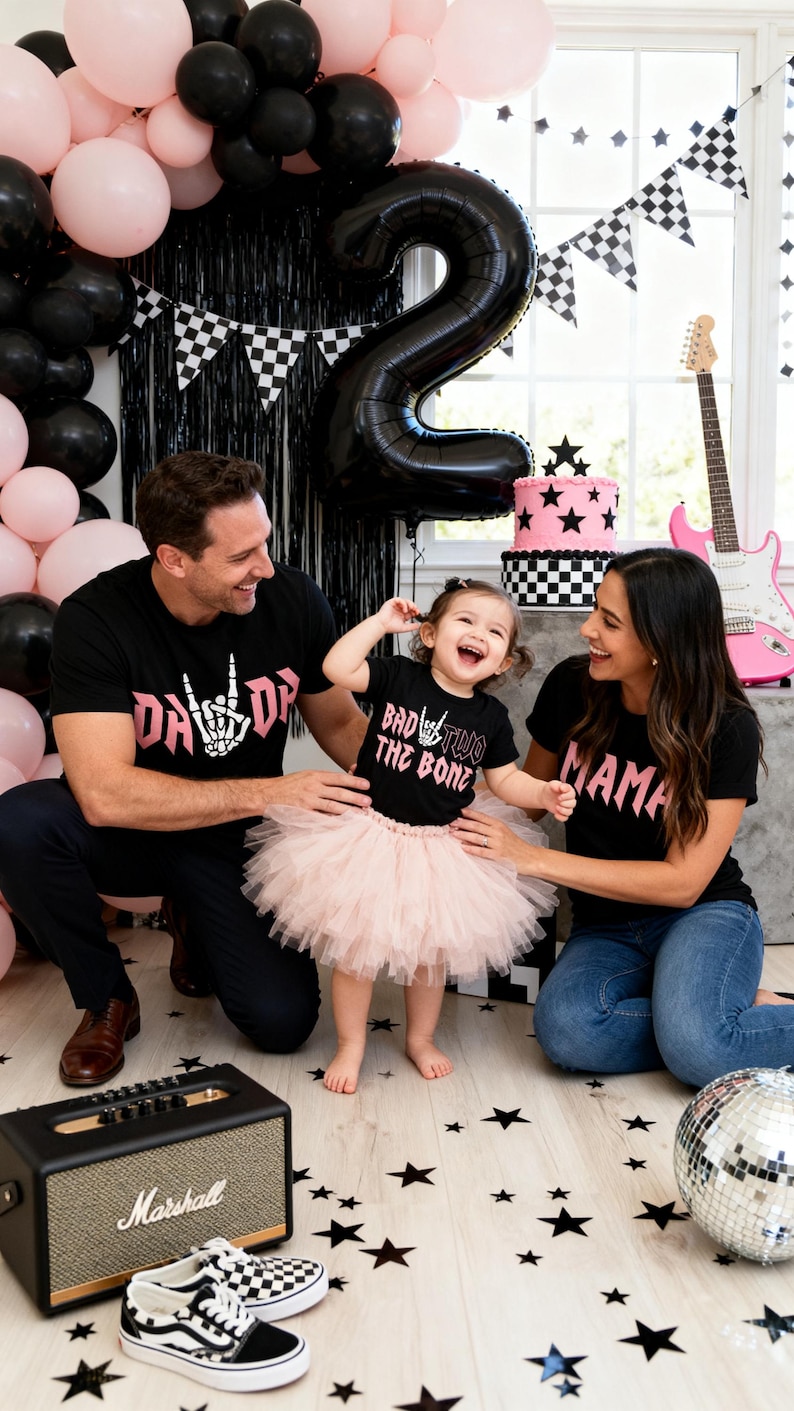 Bad TWO the Bone Birthday Family Shirts - 2nd birthday girl, rock n roll birthday theme, rock on skeleton hand, two year old, born two rock image 5