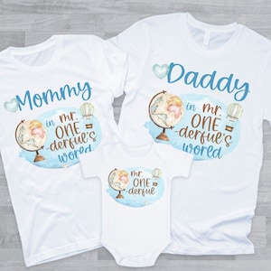 Mr ONEderful's World Birthday Shirts - family of the birthday boy, onederful adventure, mom dad grandma brother, globe map world vintage