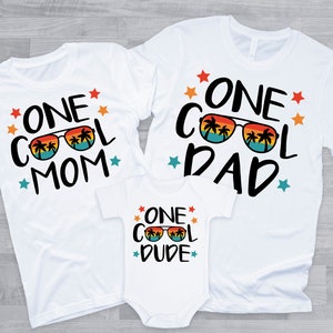 ONE Cool Dude Tropical Birthday Family Shirts - 1st birthday boy, aviator sunglasses, palm trees, boy birthday theme, first birthday boy