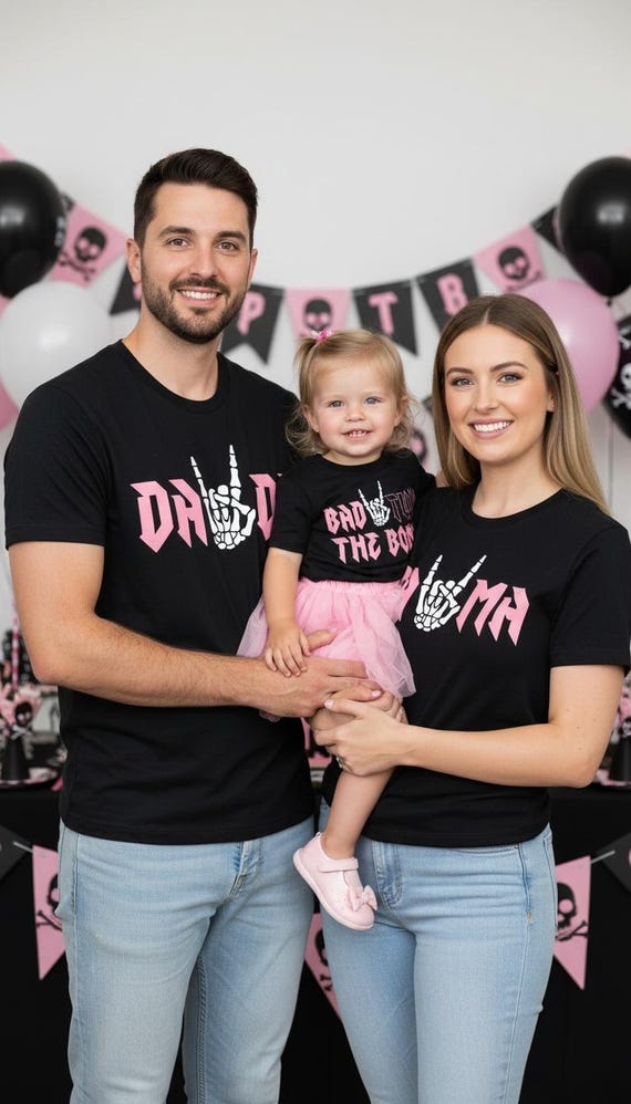 Bad TWO the Bone Birthday Family Shirts - 2nd birthday girl, rock n roll birthday theme, rock on skeleton hand, two year old, born two rock
