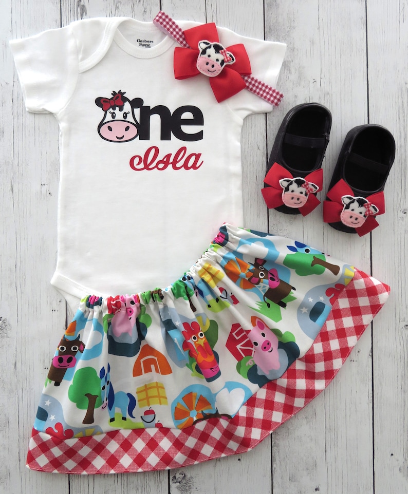 girl first birthday outfit Barnyard Animal First Birthday Outfit in Red Gingham cow headband cow outfit farm animal barnyard