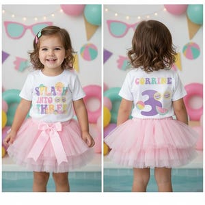 Splash into THREE Pool Party Birthday Girl Shirt - splish splash, 3rd birthday t shirt, summer birthday, three year old, swimming pool party