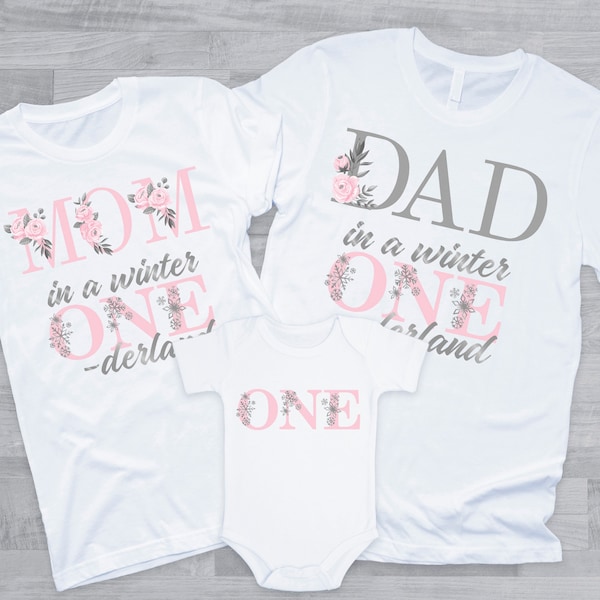 Winter ONEderland Birthday Family Shirts - snowflake 1st birthday girl, mom dad nana brother sister aunt, pink and silver, snow much fun