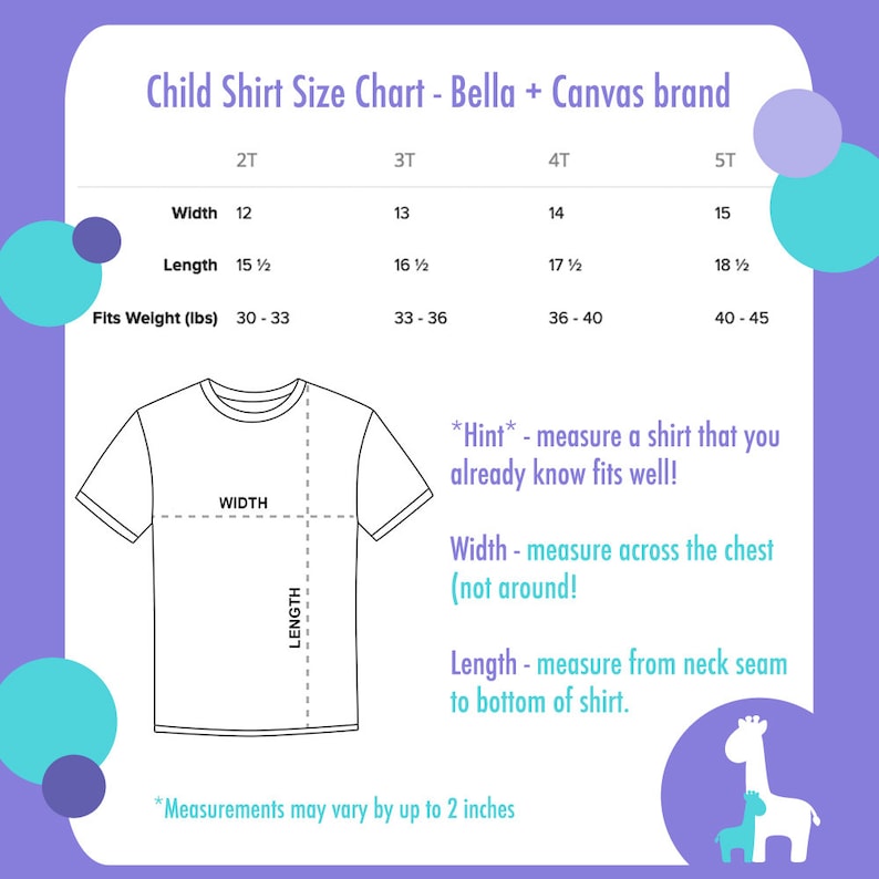 Puede incluir: Un gr&aacute;fico que muestra las tallas de camisetas para ni&ntilde;os de la marca Bella + Canvas en pulgadas y el peso en libras. El gr&aacute;fico incluye las tallas 2T, 3T, 4T y 5T. Un diagrama muestra c&oacute;mo medir el ancho y la longitud de una camiseta.