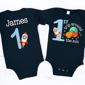 First Trip Around the Sun Birthday Boy Shirt -outer space bday, houston we have a one year old, galaxy astronaut rocket, reach for the stars