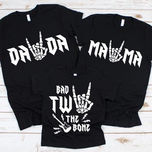 Bad TWO the Bone Birthday Family Shirts -2nd birthday boy, rock n roll birthday theme, rock on skeleton hand, two year old, born two rock