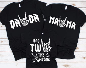 Bad TWO the Bone Birthday Family Shirts -2nd birthday boy, rock n roll birthday theme, rock on skeleton hand, two year old, born two rock