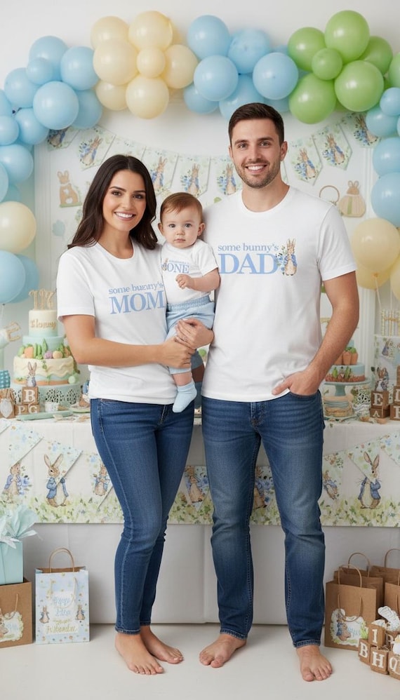 Peter Rabbit Family T-Shirts for his 1st Birthday Party - some bunny is one, bunny 1st birthday boy, mom dad grandma sister, baby shower boy