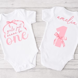 Girls Just Wanna be ONE Bodysuit for 1st Birthday Girl - coquette bow, pink bows, minimalist pink ribbon, one year old, first birthday girl