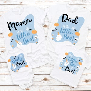 Camisetas Little Boo is ONE Birthday – família do primeiro aniversariante, aniversário de Halloween, assustador, mãe, pai, irmã nana, azul laranja fofo
