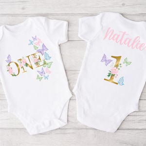 Butterfly Bodysuit for 1st Birthday Girl - first birthday shirt, butterfly floral birthday outfit girl, one year old, first bday,