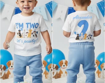 Lets Pawty Birthday Boy Shirt - 2. Geburtstag Outfit, Pawty Hunde Geburtstag Thema, zweiter Geburtstag Shirt, zweijähriger Junge, blauer Hund Thema