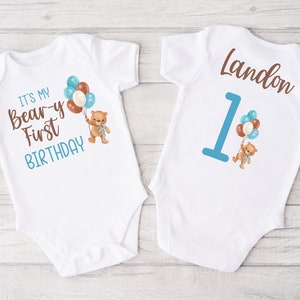 Bear-y First Birthday T Shirt Boy - teddy bear bday bodysuit, bear balloons, 1st birthday boy, brown bear, personalized, baby bear blue