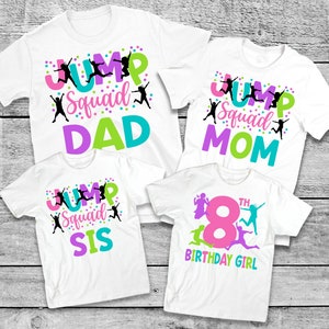 JUMP! Birthday Family Shirts - trampoline park birthday, neon jump glow, mom dad nana bro, glow in dark, bounce house, birthday party girl