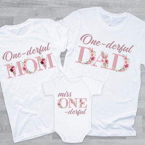 Miss ONE-derful Birthday Family Shirts - dusty rose floral 1st birthday girl, mom dad, miss onederful floral, rose gold, onederful Mommy