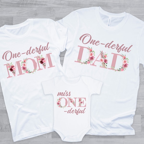 Miss One-derful Birthday Family Shirts - 1er anniversaire de fille à fleurs rose poudré, maman papa, miss onederful floral, or rose, onederful maman