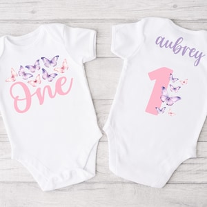 Butterfly Bodysuit for 1st Birthday Girl - first birthday shirt, butterfly kisses birthday outfit girl, one year old, pink purple butterfly