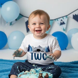 Wonderful Adventure Birthday Boy Shirt - 2nd birthday, mountain woodlands boy outfit, two year old, second bday shirt, bear trees, navy blue
