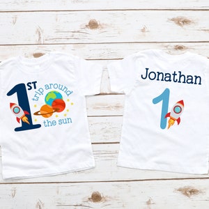 First Trip Around the Sun Birthday Boy Shirt -outer space bday, houston we have a one year old, galaxy astronaut rocket, reach for the stars