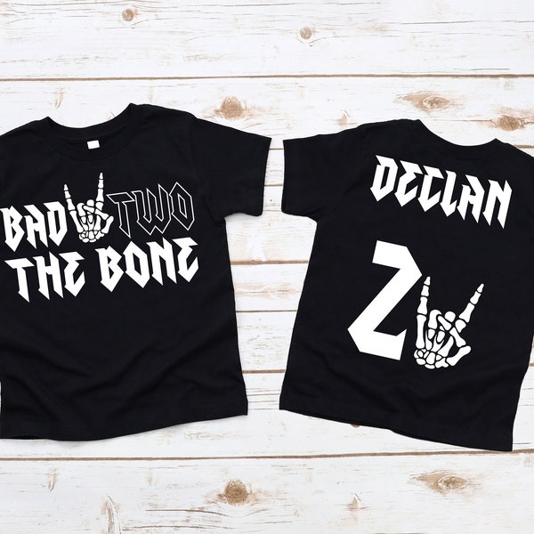 Bad TWO the Bone Birthday Boy Shirt - halloween birthday theme, skeleton rock on hand, personalized, name number, rock music theme boy