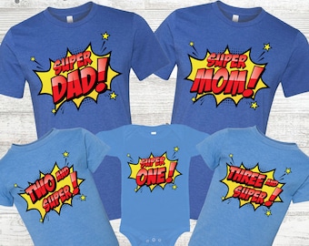 Super Hero Birthday Boy on Blue shirts - super dad, super mom, 1st birthday, 2nd birthday, 3rd birthday, comic book super hero, comic splat